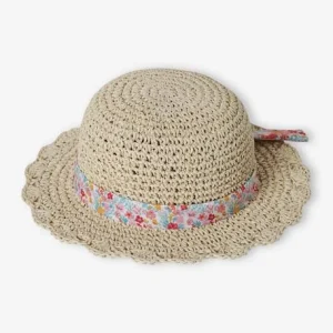 boutique pas cher Chapeau Aspect Paille Effet Crochet Avec Ruban Imprimé Fille Sable – Vertbaudet 9