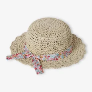 boutique pas cher Chapeau Aspect Paille Effet Crochet Avec Ruban Imprimé Fille Sable – Vertbaudet 15