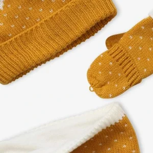 magasin pas cher Ensemble Bonnet + Snood + Gants Maille Jacquard Dorée Jaune Imprimé – Vertbaudet 18