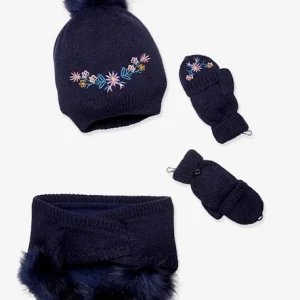 acheter Ensemble Fille Bonnet + Snood + Mitaines Brodé Fleurs Encre – Vertbaudet 7