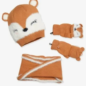 Pas Cher soldes France Ensemble Fille Bonnet + Snood + Mitaines Ours Beige – Vertbaudet 7