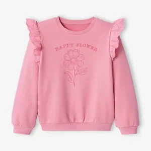 soldes magasin Sweat Motif Fleur Flocké Fille Volants En Broderie Anglaise Rose Bonbon – Vertbaudet 14