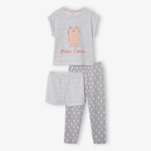 magasin en ligne france T-shirt + Short + Pantalon Pyjama Fille Lot Blanc Rayé – Vertbaudet 10